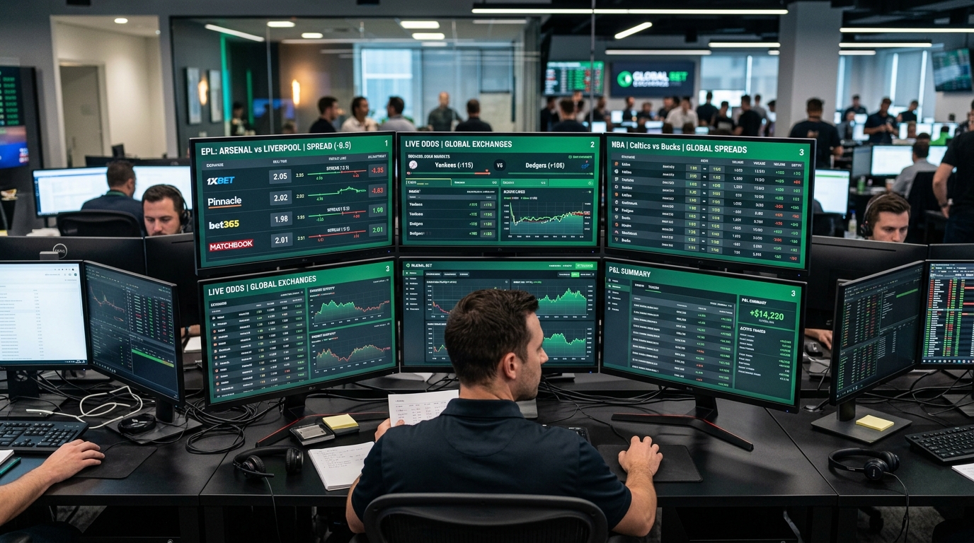 Sportsbook trading floor with multi-monitor display comparing reduced juice odds lines